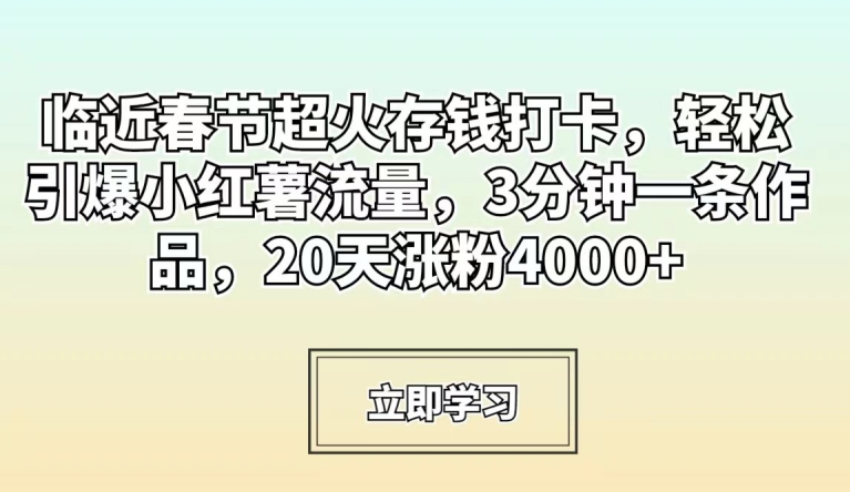 临近春节超火存钱打卡，轻松引爆小红薯流量，3分钟一条作品，20天涨粉4000+【揭秘】-锦年学吧