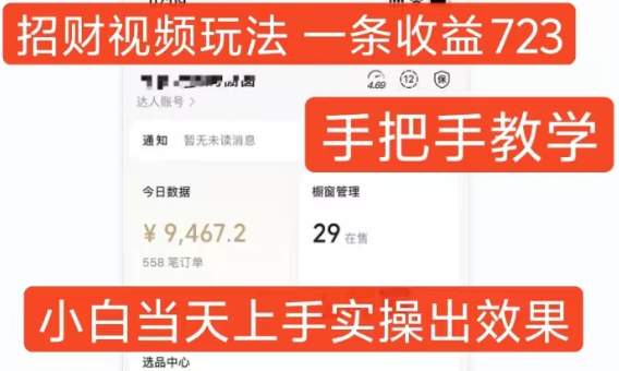 招财视频玩法，一条视频收益723，手把手教学，小白当天可上手-锦年学吧